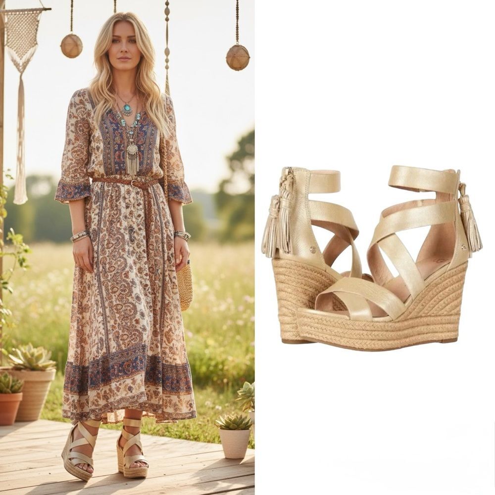 UGG Women’s Raquel Metallic Platform Wedge Sandals In Soft Gold Size 9.5